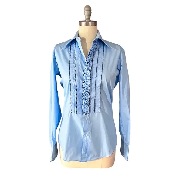 Vintage 1970s After Six Ruffled Light Blue Unisex Vampirecore Shirt - Picture 4 of 7